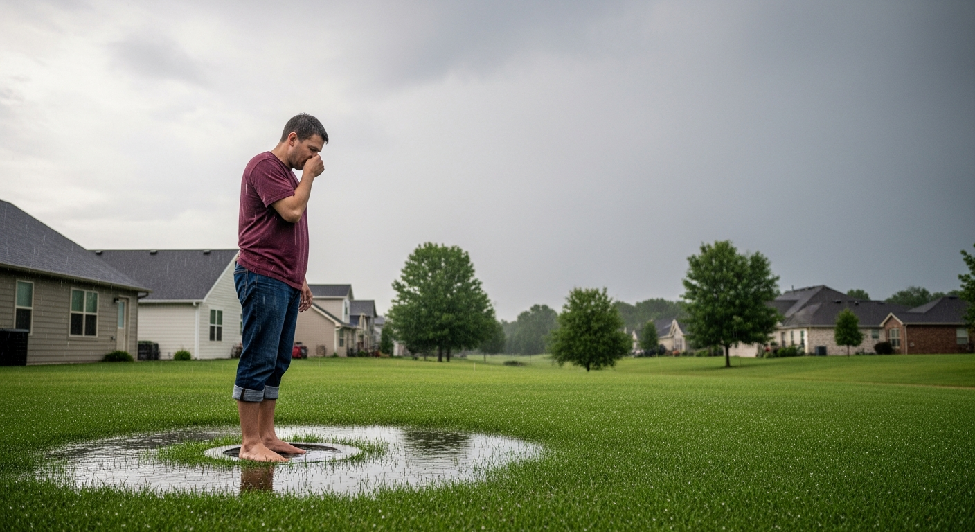 homeowner holding nose over wet septic drainfield grass after a heavy rainstorm