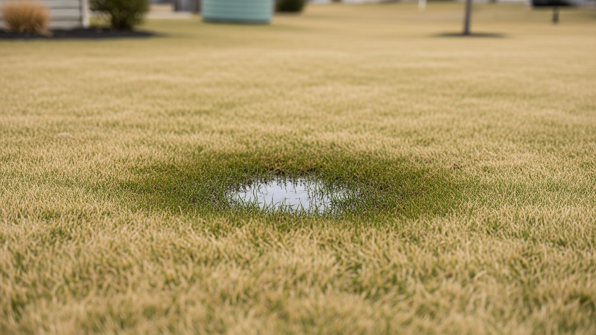 Waterlogged lawn illustrating saturated drain-field soil