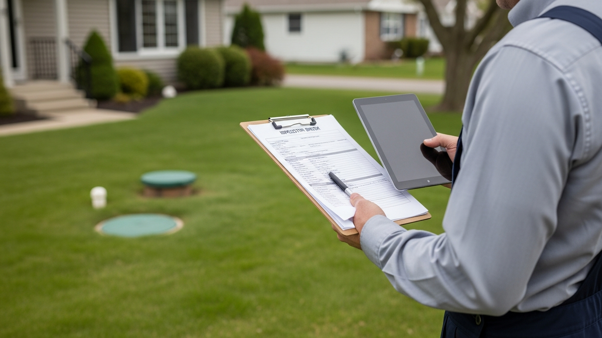 septic inspector holding clipboard and tablet with inspection report in residential yard