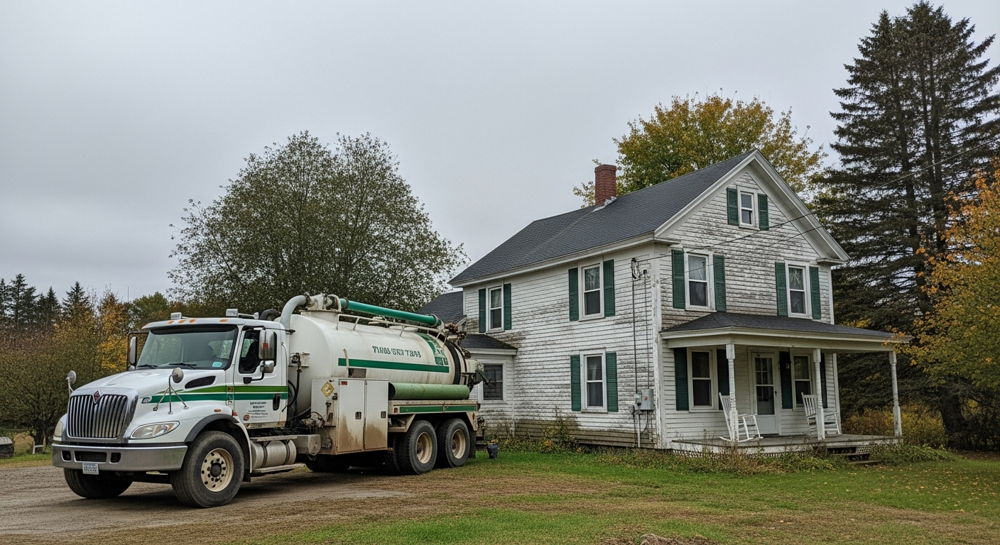 septic pump truck visiting a rural New England home for scheduled service