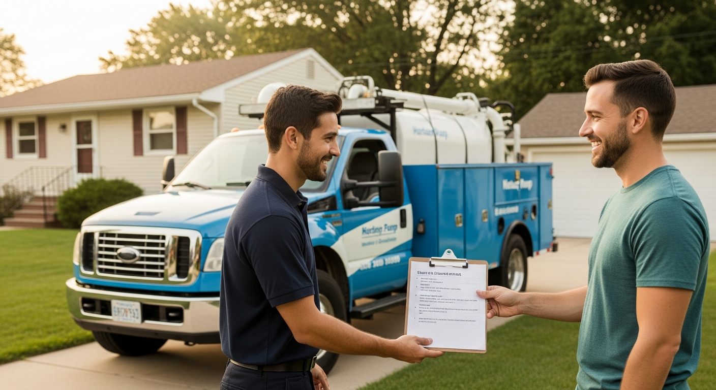septic pump truck technician handing a written quote to a smiling homeowner in a suburban driveway