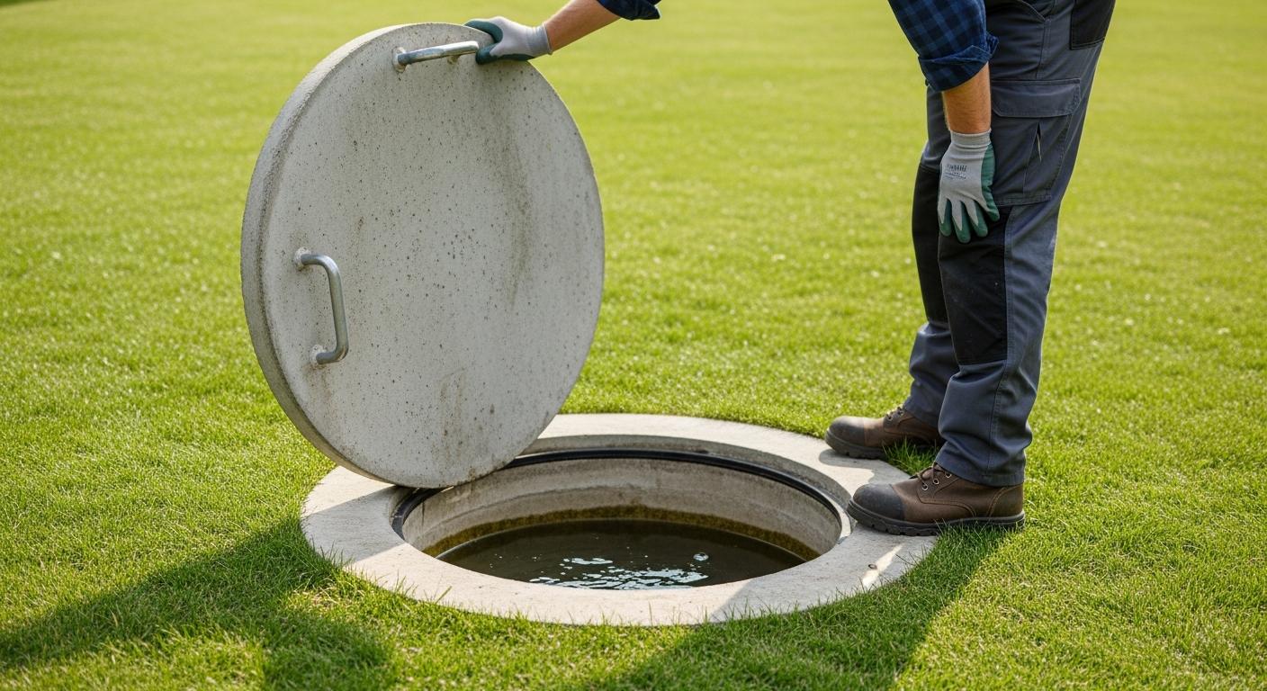 Technician inspecting a septic tank during replacement planning