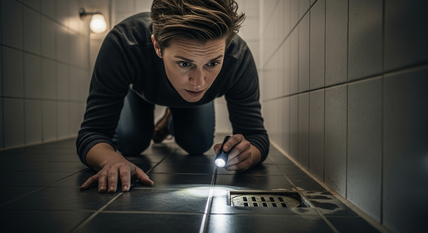 homeowner inspecting bathroom floor drain for sewage smell
